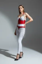 Zincir Detaylı Kırmızı Suni Deri Etek Vücut Aksesuarı SH994