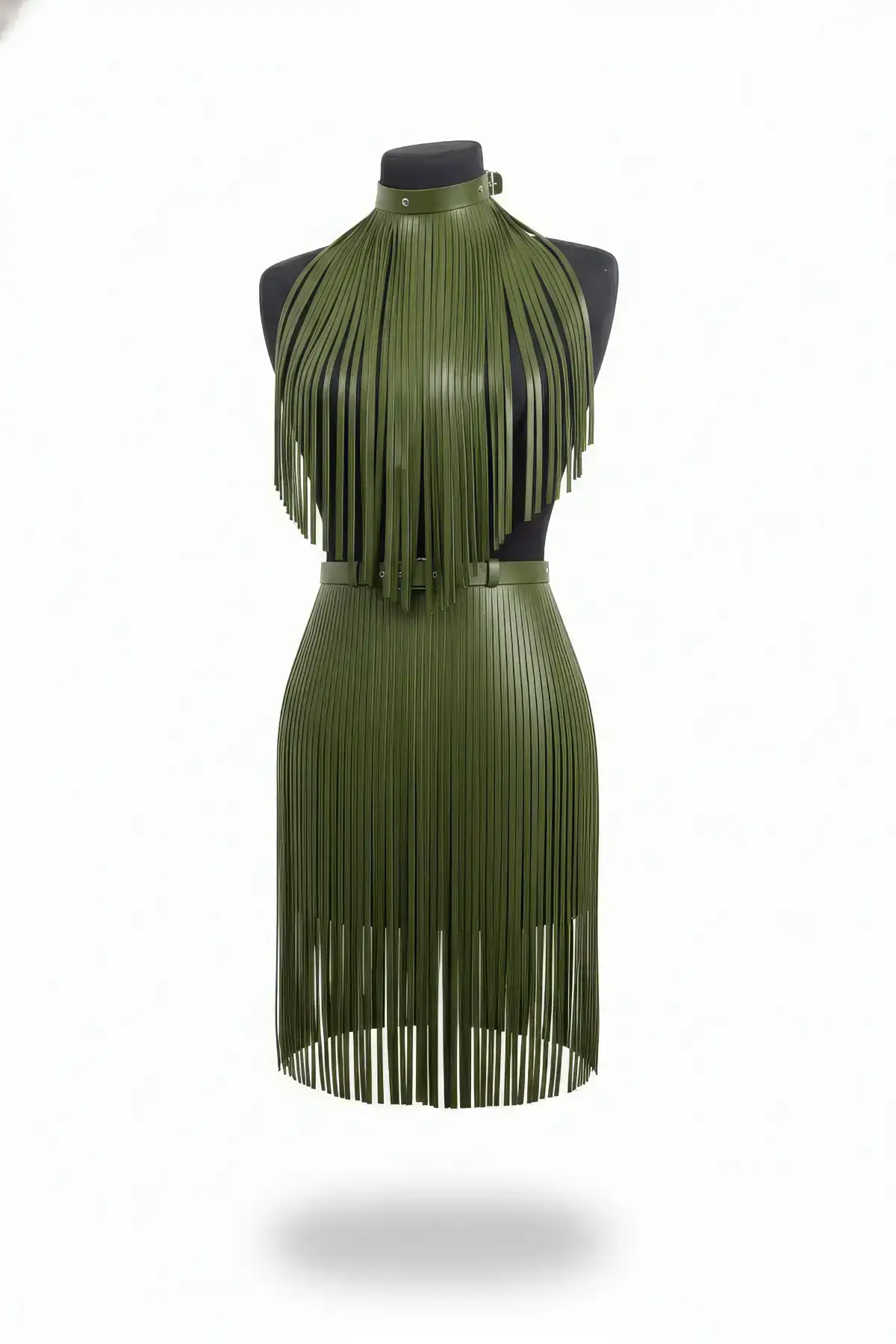 Haki Şerit Detaylı Mini Suni Deri Etek SH997