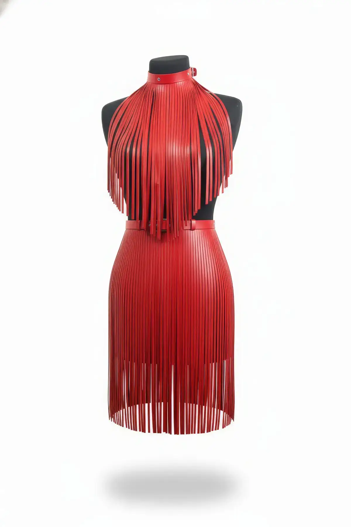 Kırmızı Şerit Detaylı Yüksek Bel Midi Deri Etek SH997