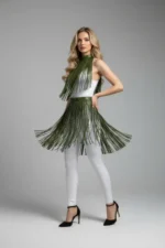 Haki Püsküllü Suni Deri Etek SH997 - Image 2