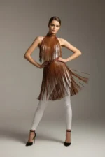 Kahverengi Püskül Detaylı Yüksek Bel Deri Etek SH997 - Image 2