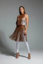 Kahverengi Püskül Detaylı Yüksek Bel Deri Etek SH997 - Image 3