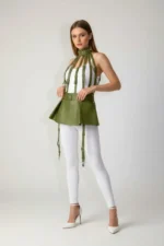 Haki Deri Peplum Harness Detaylı Yüksek Bel Etek SH998 - Image 3