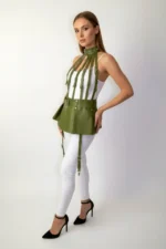 Haki Deri Peplum Harness Detaylı Yüksek Bel Etek SH998 - Image 4