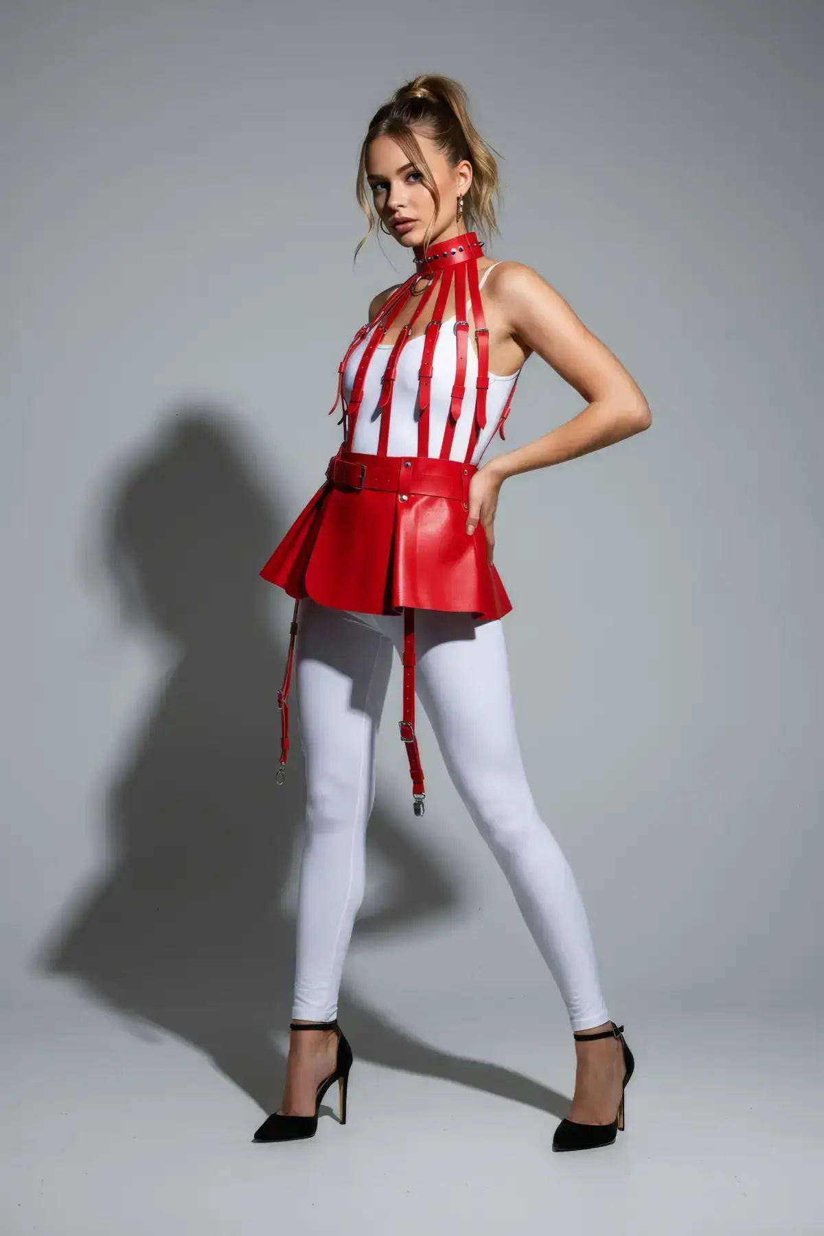 Kırmızı Suni Deri Jartiyer Askılı Kemerli Volanlı Mini Etek SH998