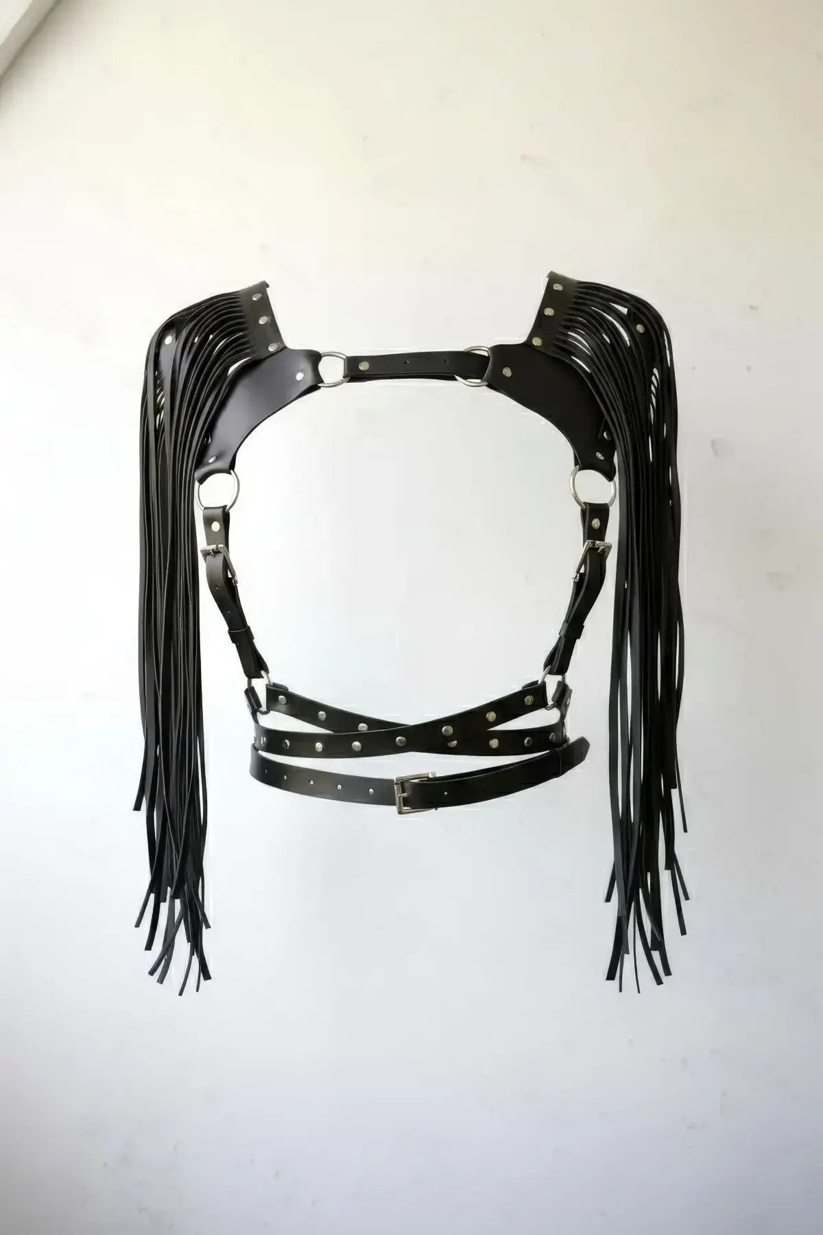 Black Chest Harness with Shoulder Tassels and Stud Detail, Leather - SH999