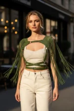 Khaki Leather Chest Harness with Stud Detail and Multiple Straps - SH999 - Image 4