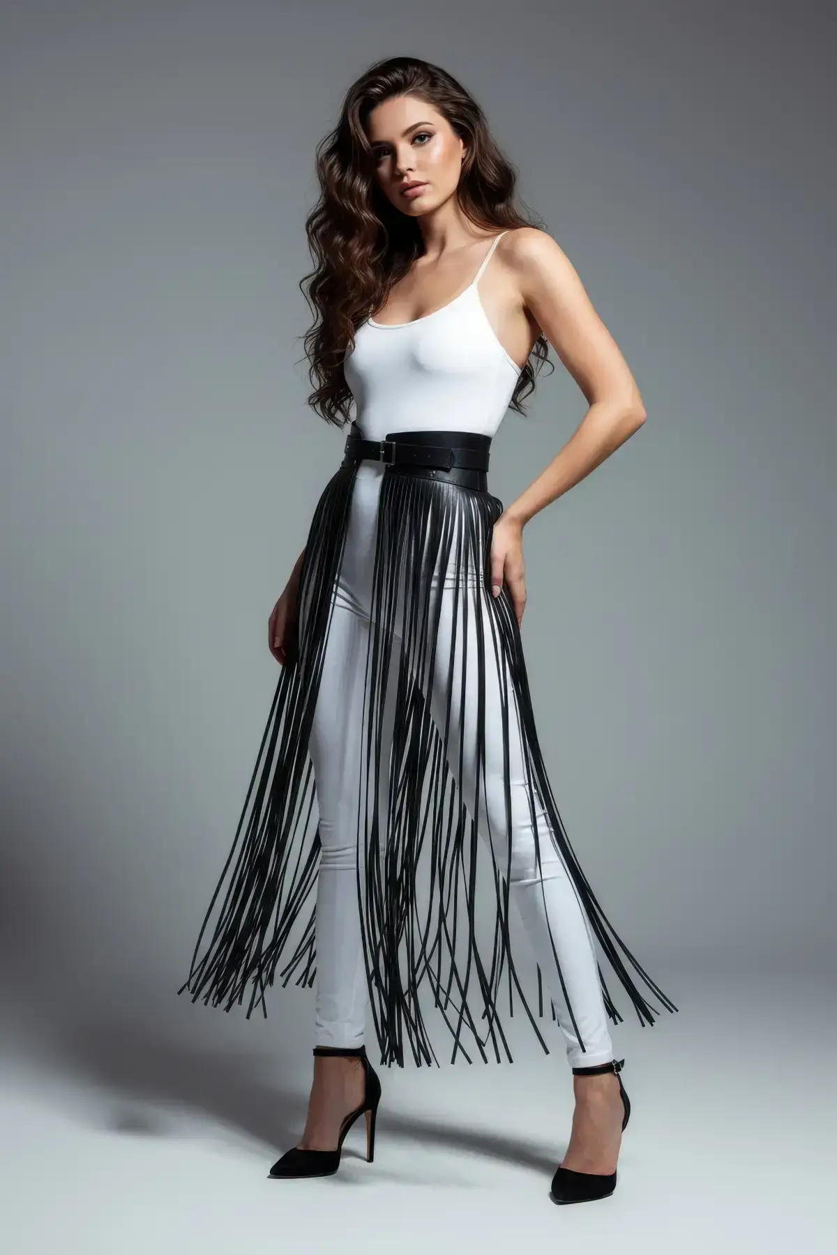 Siyah Püsküllü Uzun Yüksek Bel Suni Deri Etek SH1003