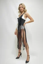 Siyah Zımbalı ve Uzun Püsküllü Suni Deri Etek SH1014 - Image 5