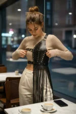 Siyah Zımbalı ve Asimetrik Püsküllü Deri Etek SH1014