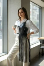 Siyah Zımbalı ve Asimetrik Püsküllü Deri Etek SH1014 - Image 6