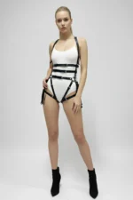 Black Leather Harness Set with Body Connection, Adjustable - SH1038 - Image 8