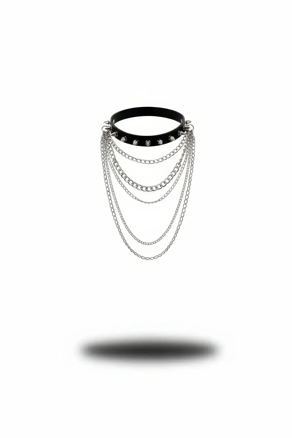 Siyah Deri Zımbalı Çoklu Zincir Detaylı Choker Kolye SH1042