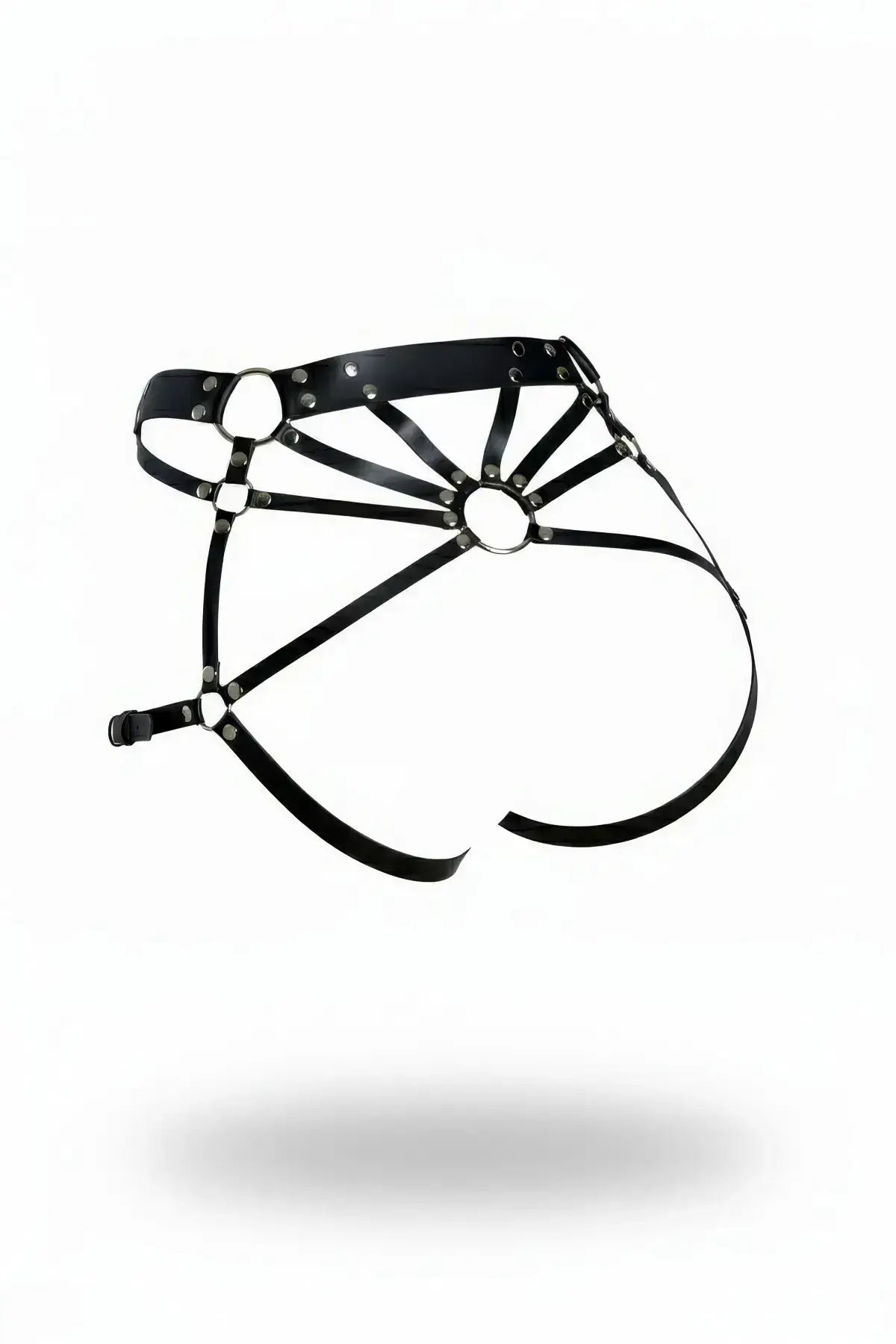 Black Thong - Panties with Leather Band and Ring Detail, Hip Accessory - SH1048