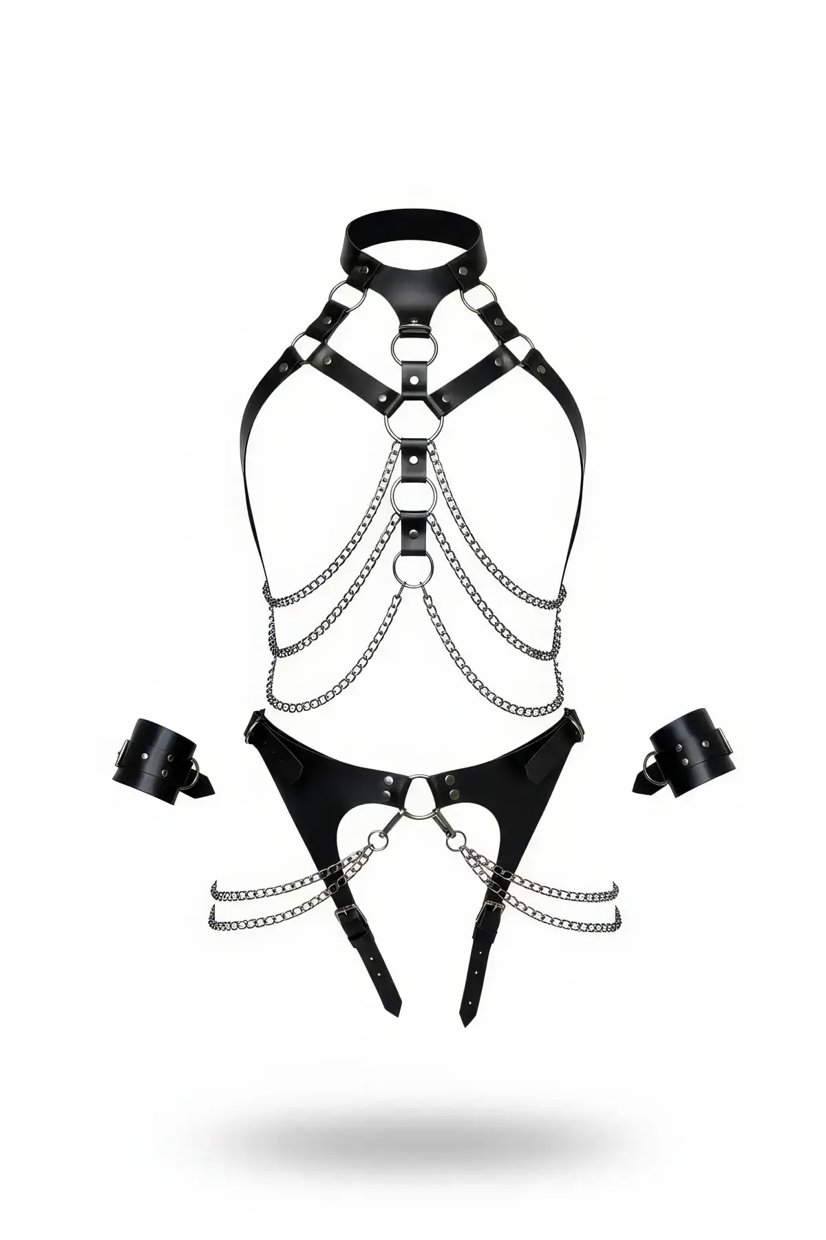 Black Harness Set with Chain Detail and Neck Strap - SH1067