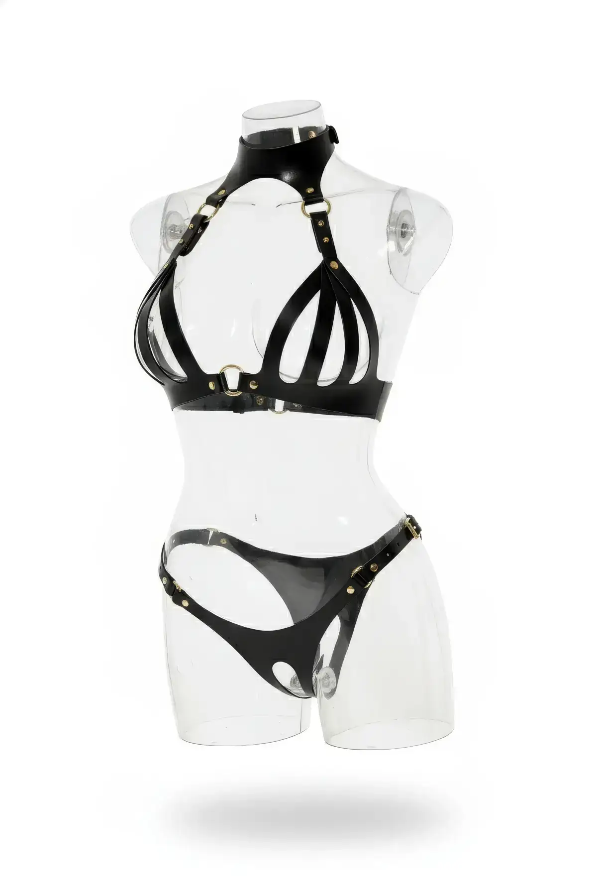 Black Harness Set with Leather Neck Strap and Metal Buckle - SH1089