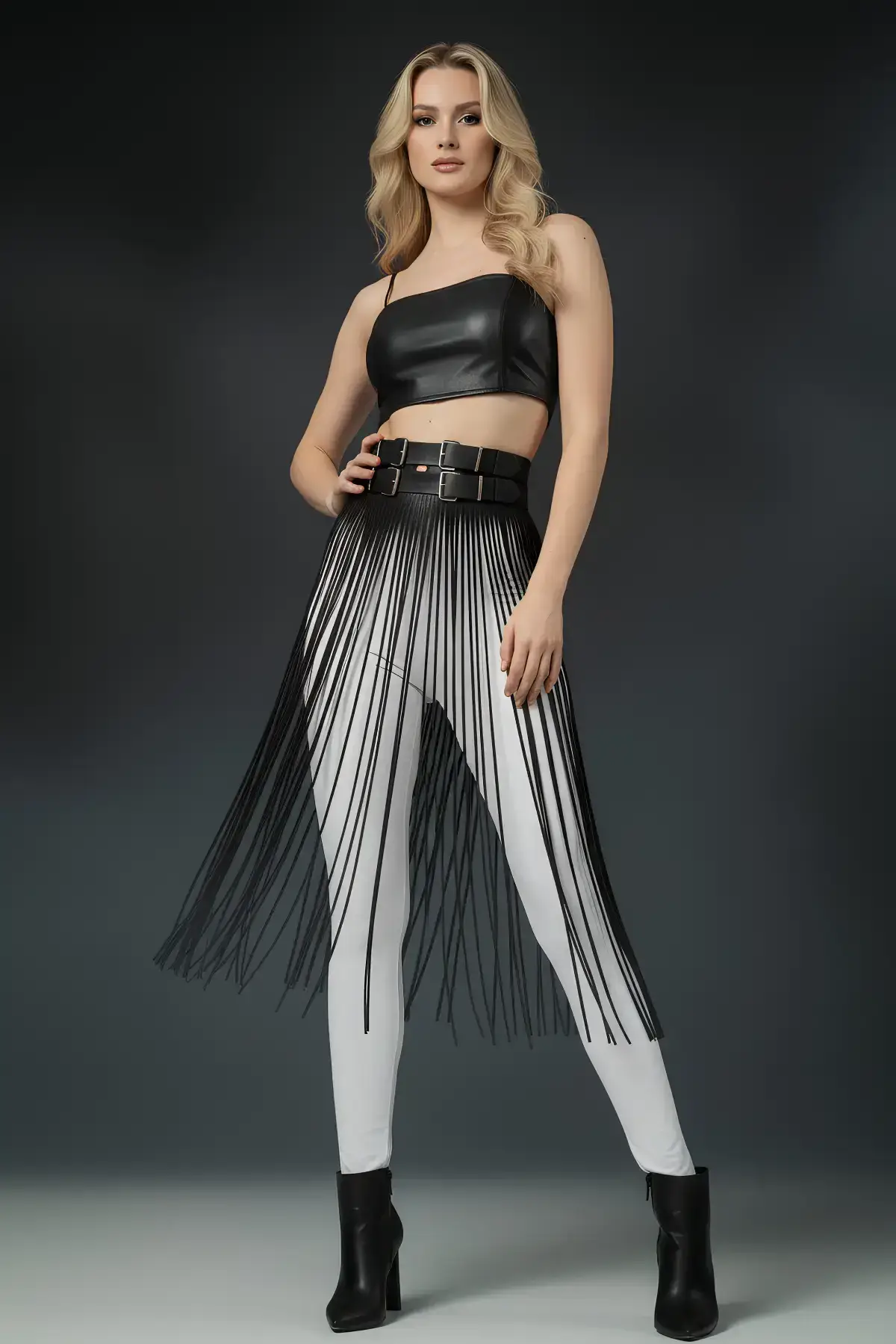 Siyah Çift Tokalı Yüksek Bel Deri Etek SH1090