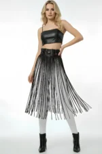 Siyah Çift Tokalı Yüksek Bel Deri Etek SH1090 - Image 3