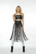 Siyah Çift Tokalı Yüksek Bel Deri Etek SH1090 - Image 5