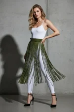 Haki Püskül Detaylı Yüksek Bel Uzun Deri Etek SH1090