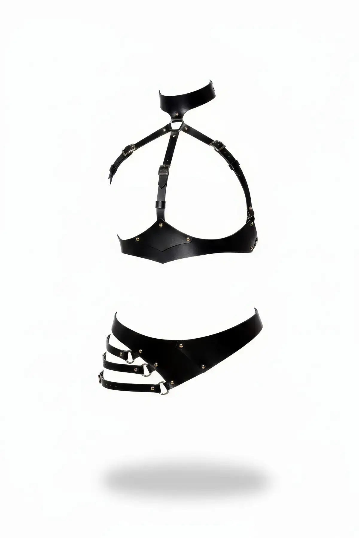 Black Harness Set with Leather Neck Strap and Adjustable Buckle - SH1139