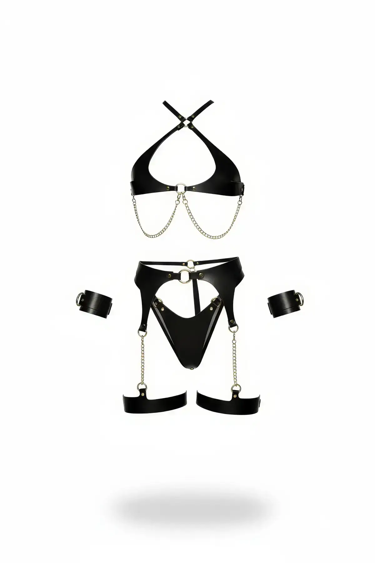 Black Harness Set with Chain Detail, Faux Leather, and Cuff - SH1219
