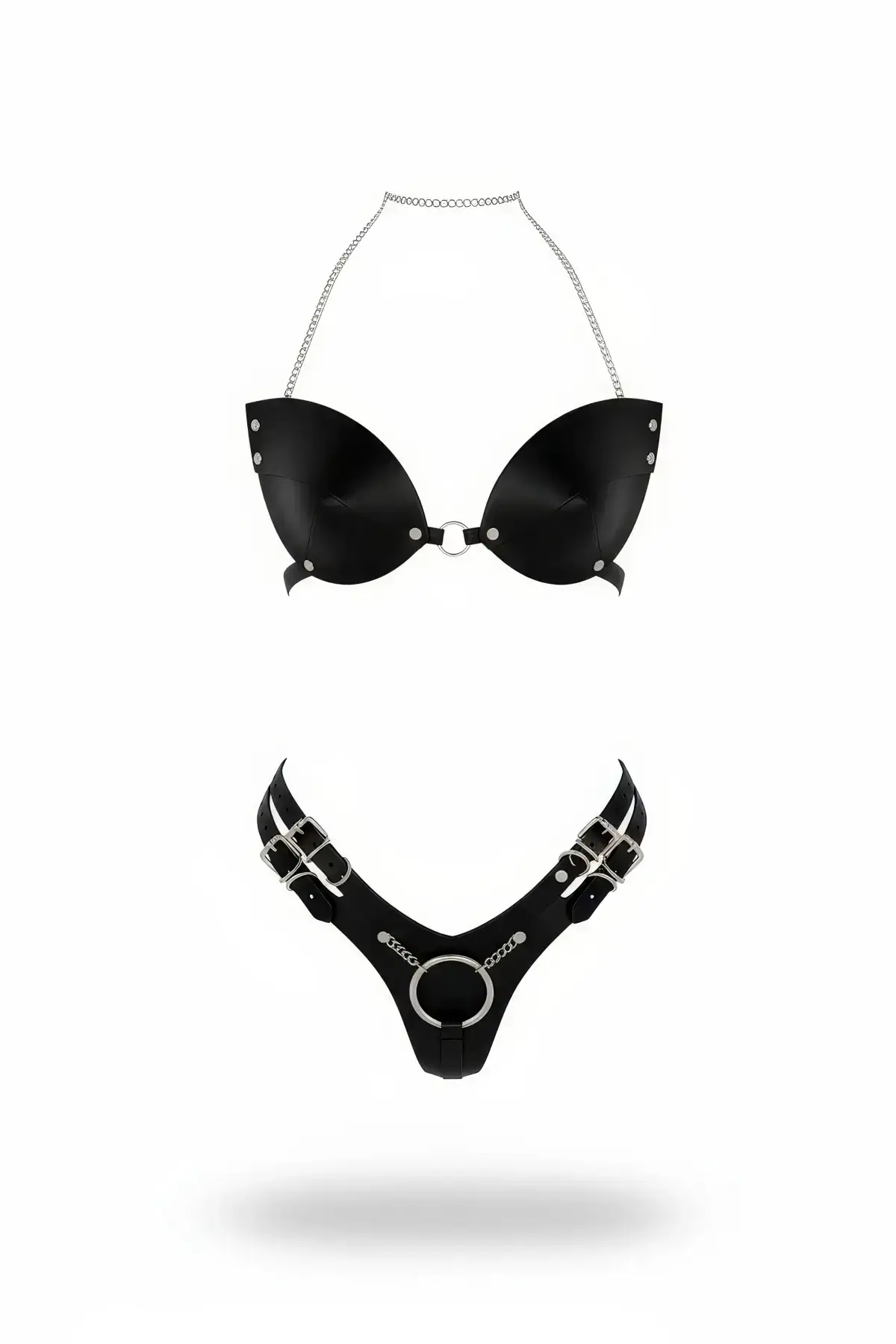 Black Harness Set Faux Leather Bralette with Chain Detail - SH1223
