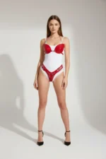 Red Harness Set Shiny Leather Bodysuit with Chain Detail - SH1223 - Image 2