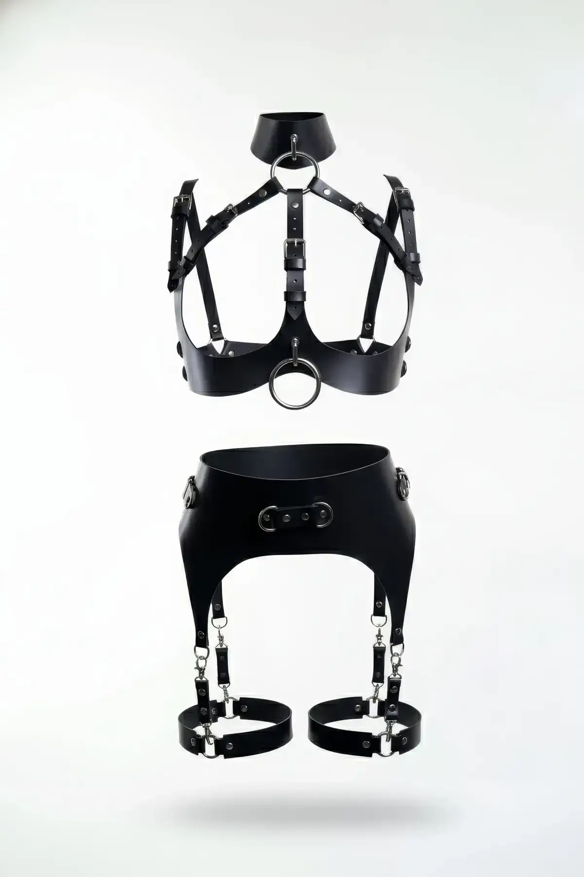 Black Leather Harness Set with O-Ring Detail - SH1231