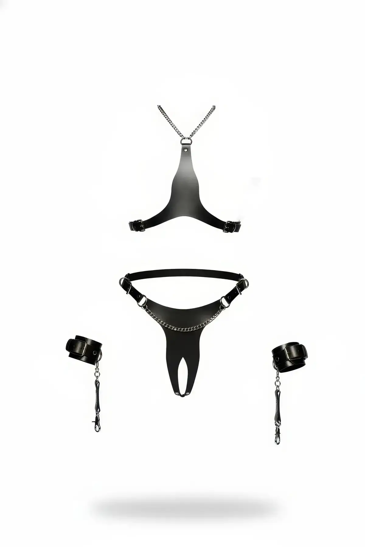 Black Leather Harness Set with Chain Detail, 4 Pieces - SH1232