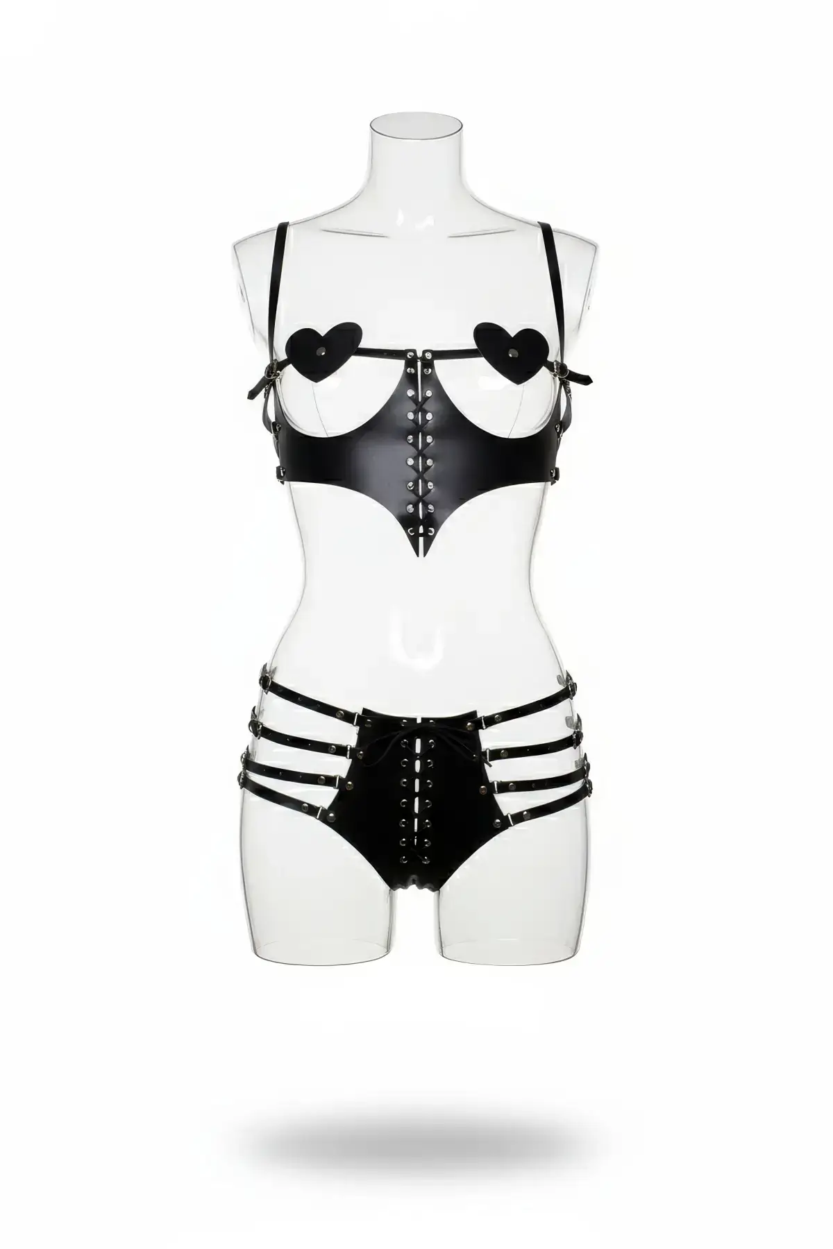Black Leather Harness Set with Heart Detail and Laces - SH1256