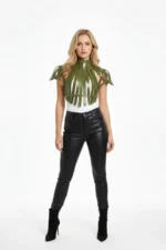 Khaki Women's Leather High Collar Corset with Studs - SH1257 - Image 3