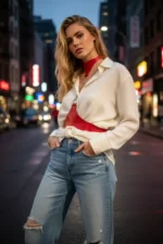 Red Women's Belt with Leather Neck Strap and Chain Detail - SH1265 - Image 3