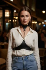 Black Women's High Neck Corset with Belt Chain Detail - SH1265 - Image 3