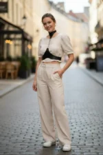 Black Women's High Neck Corset with Belt Chain Detail - SH1265 - Image 4