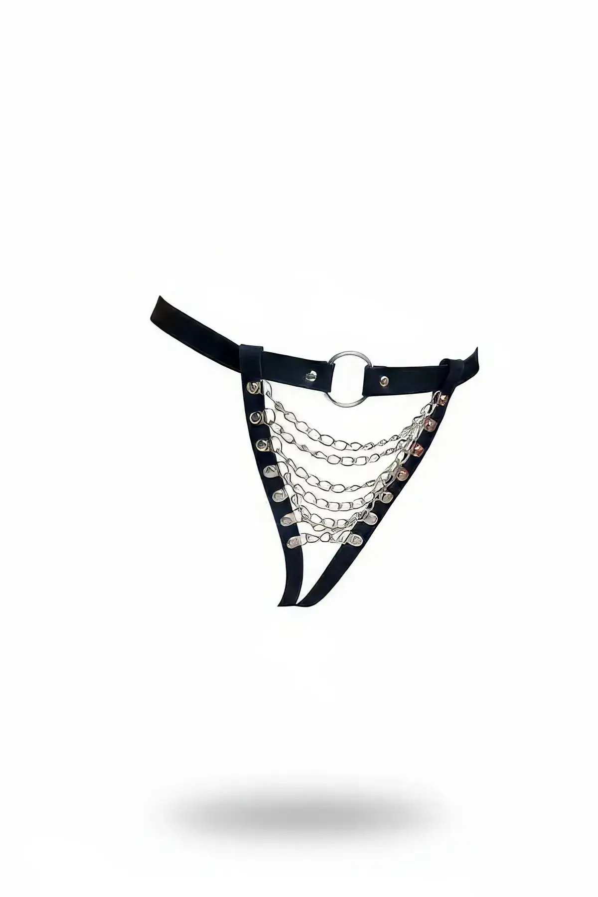 Black Thong - Faux Leather Panties with Chain Detail and Ring Accessory - SH1278
