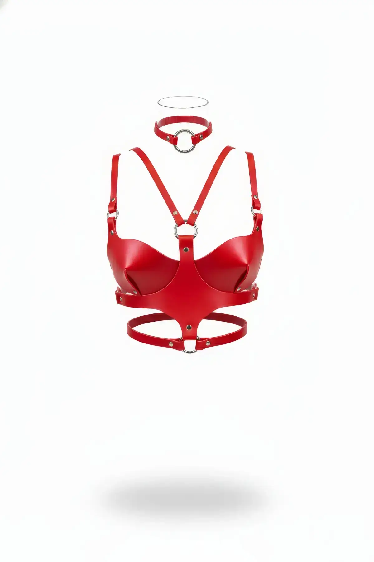 Red Women's Leather Body Corset with Ring Detail - SH1296