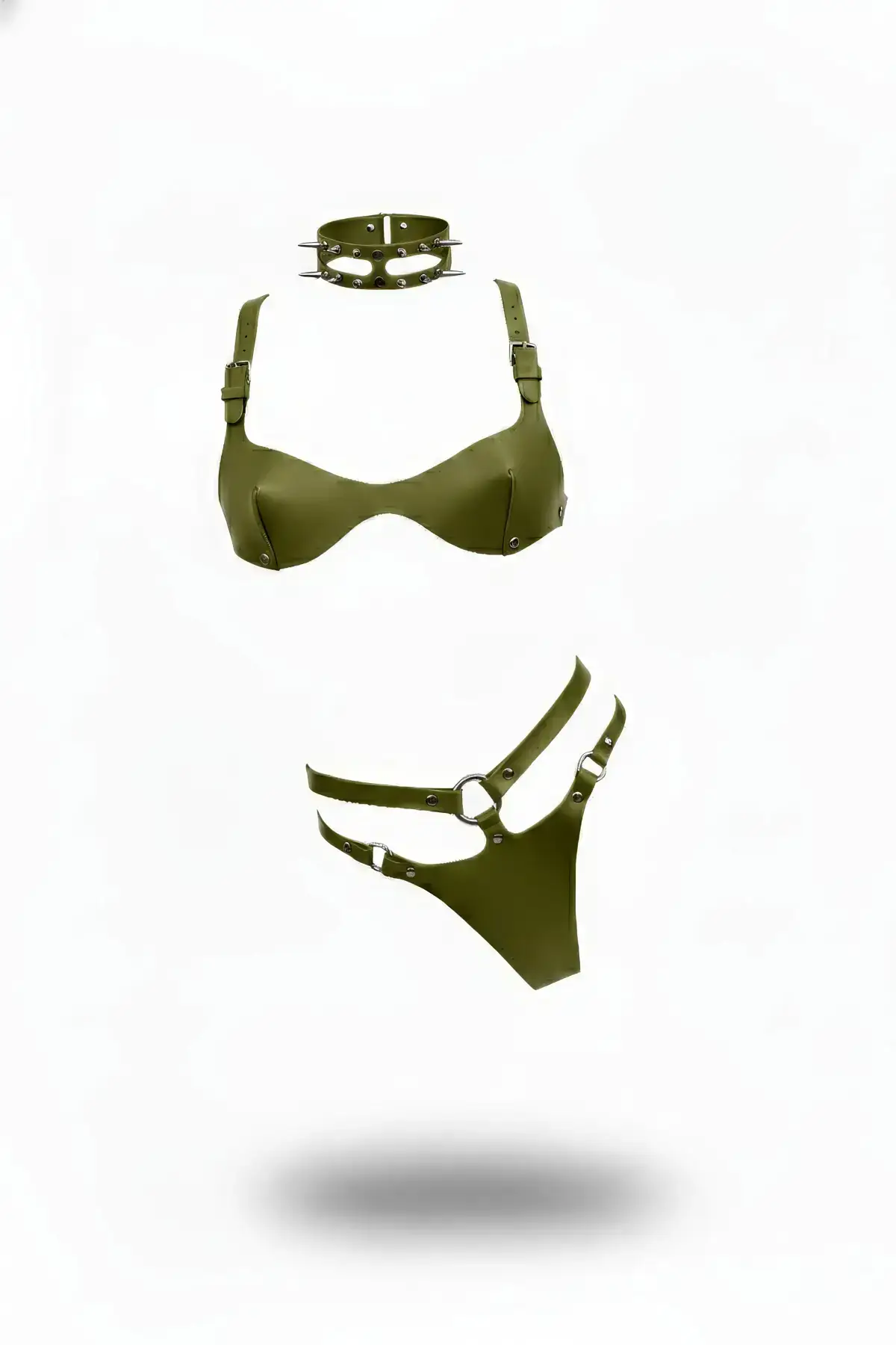 Khaki Three-Piece Leather Harness Set with Stud Details - SH1298