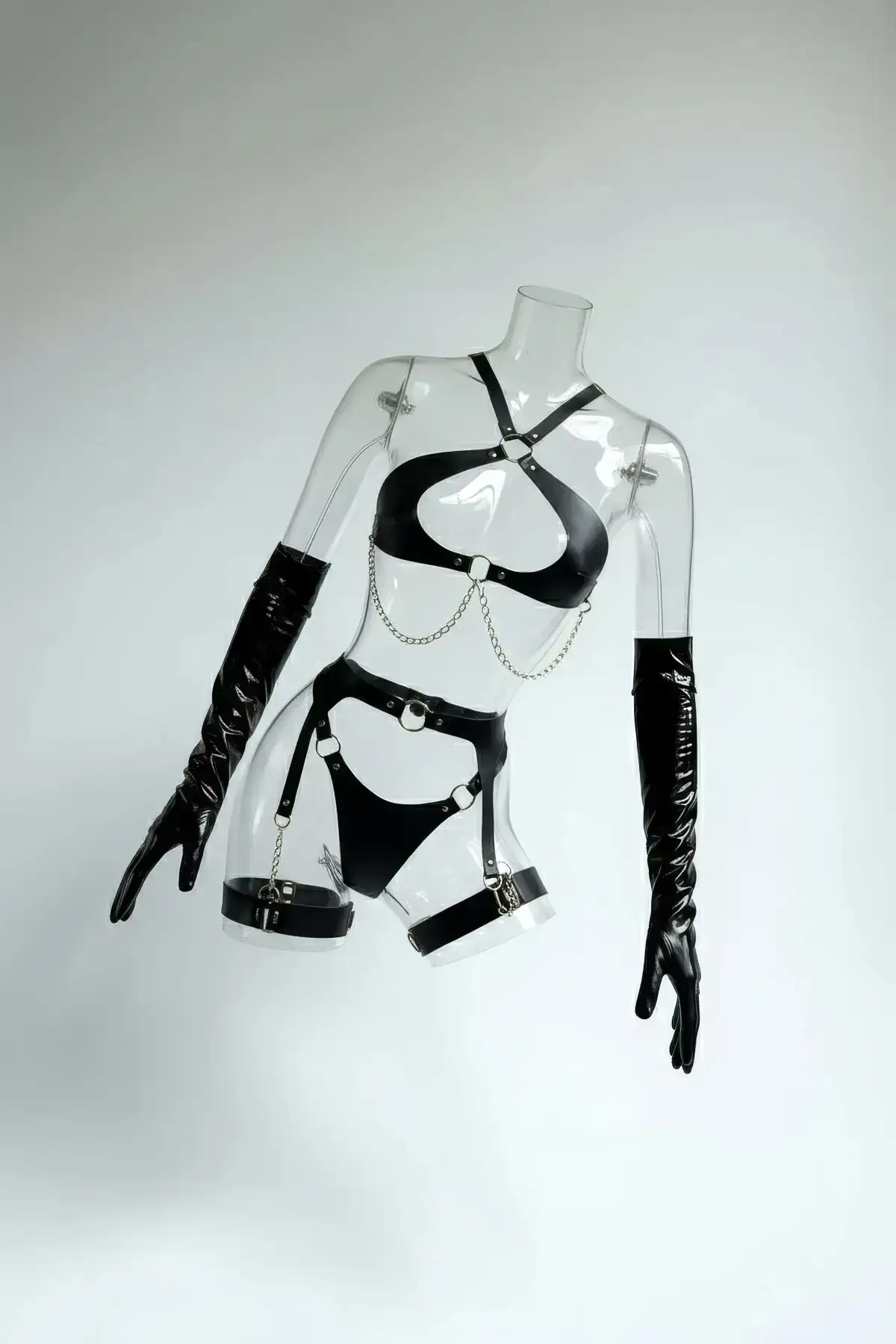 Black Harness Set Leather Body Belts with Chain Detail - SH1330