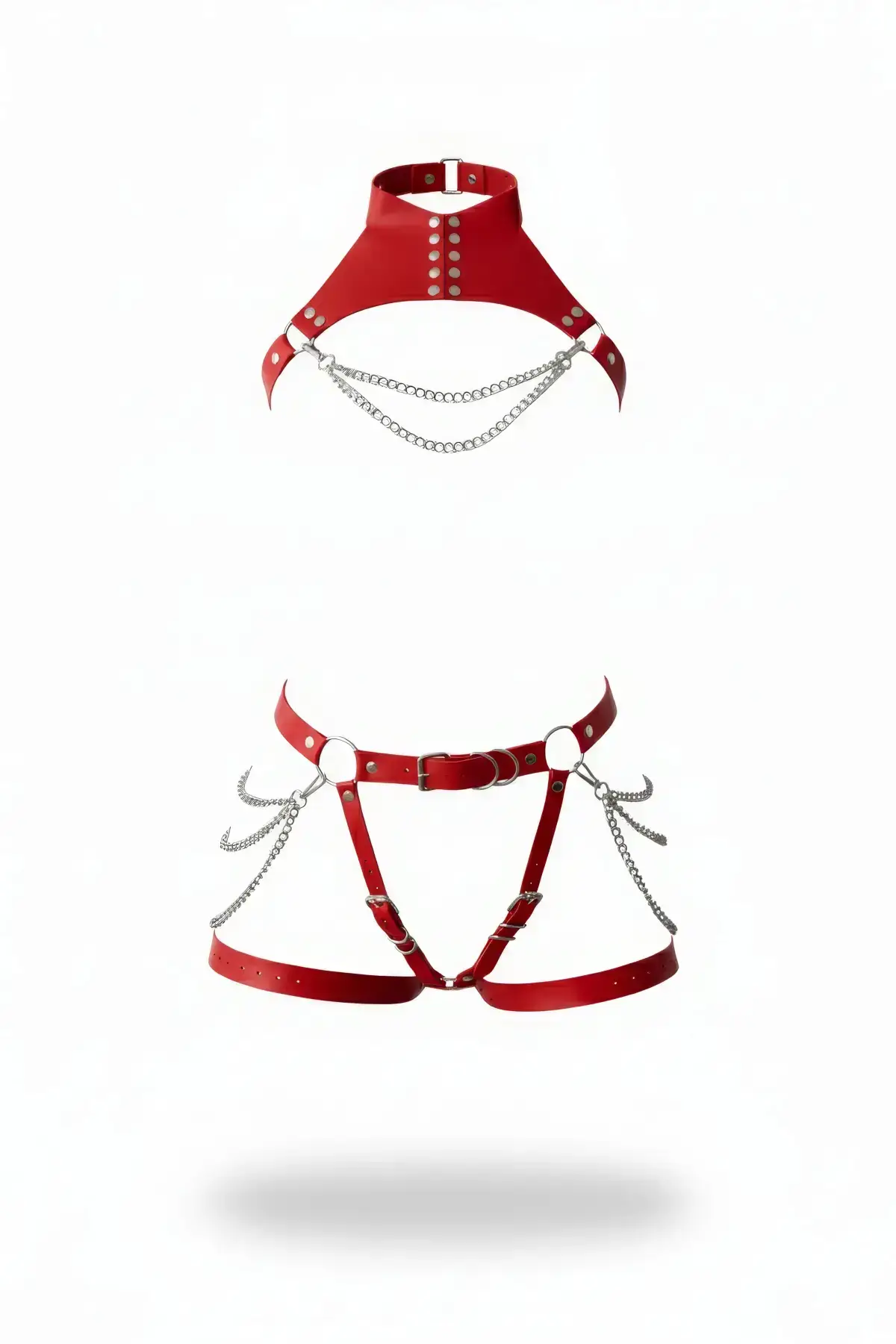 137213.webp Red Garter Harness Leather Bodysuit with Chain Detail - SH1369 - Image 1