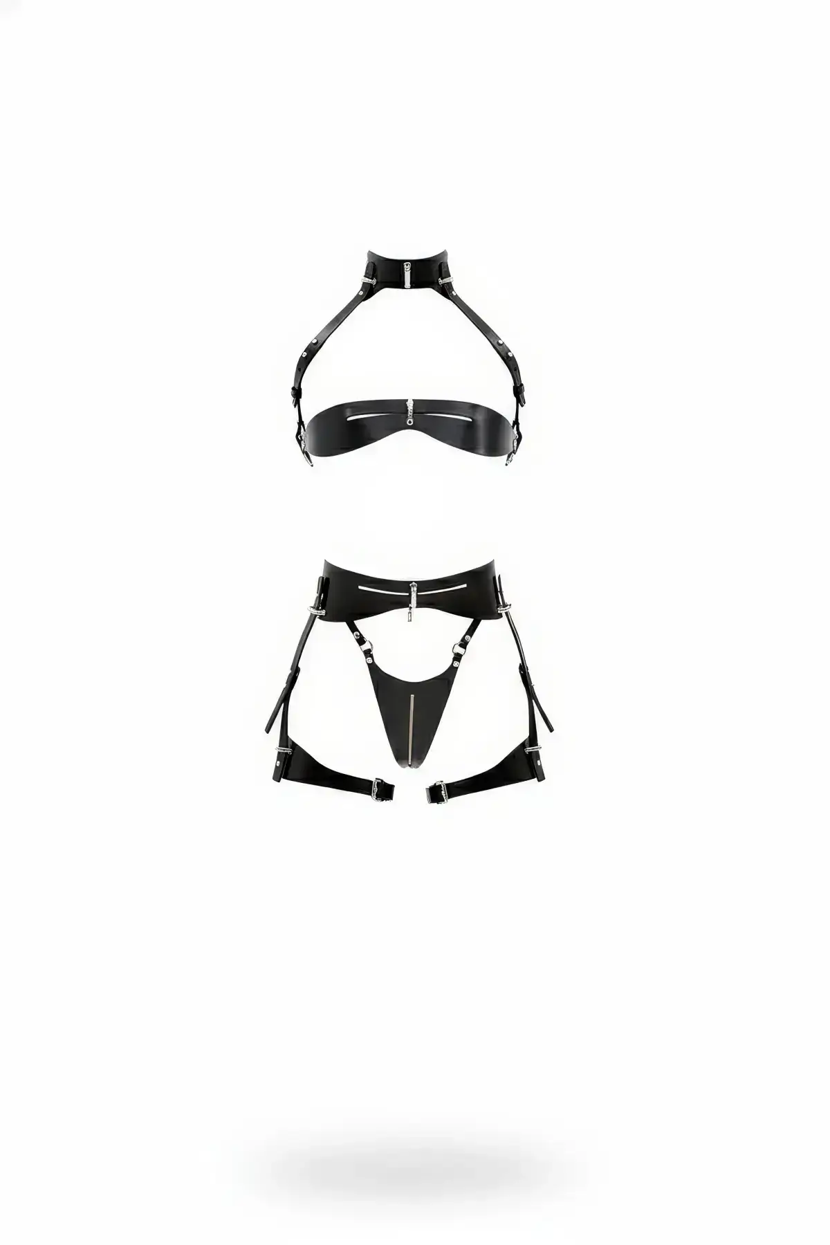 Black Garter Harness Faux Leather Bralette Set with Zipper Detail - SH1373