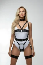 Black Leather Full Body Harness Set with Neck Support - SH1378