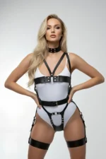 Black Leather Full Body Harness Set with Neck Support - SH1378 - Image 3