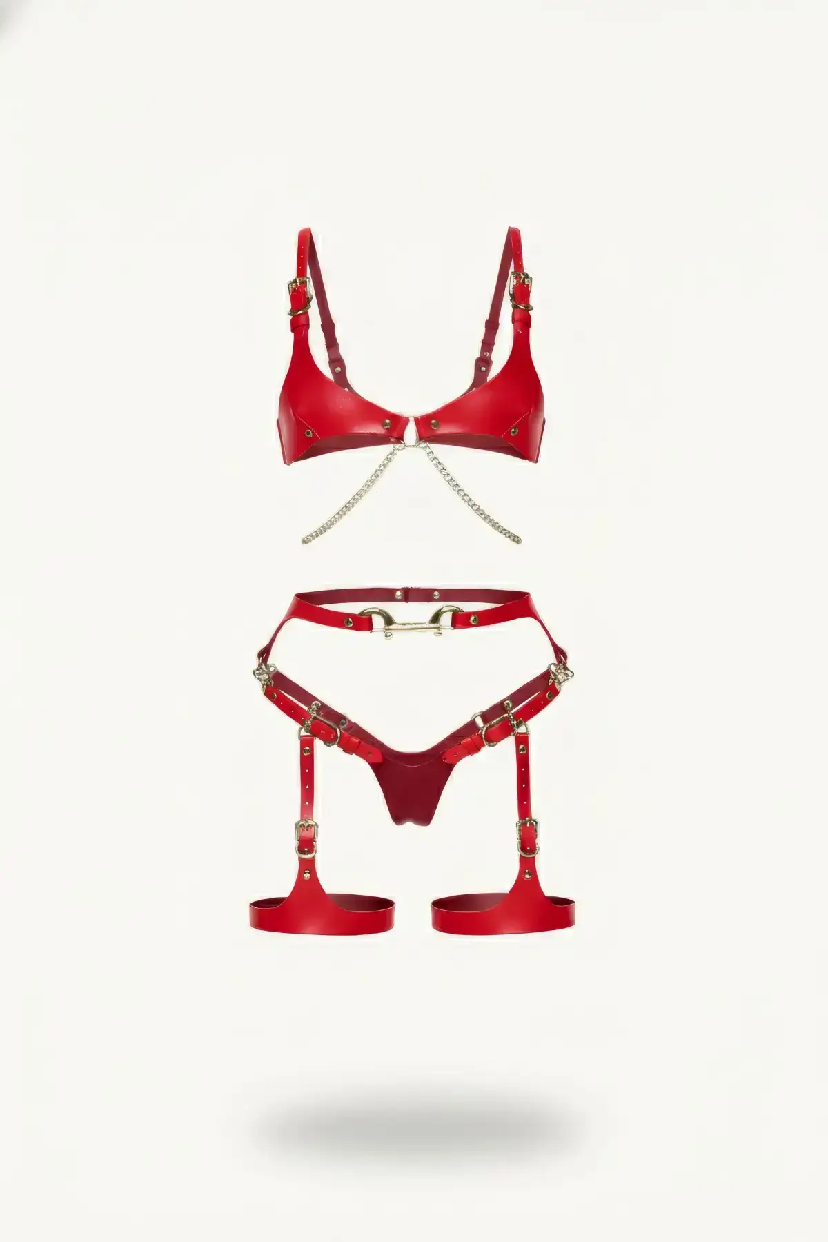 Red Harness Set, Leather Material, Chain Detail - SH1379