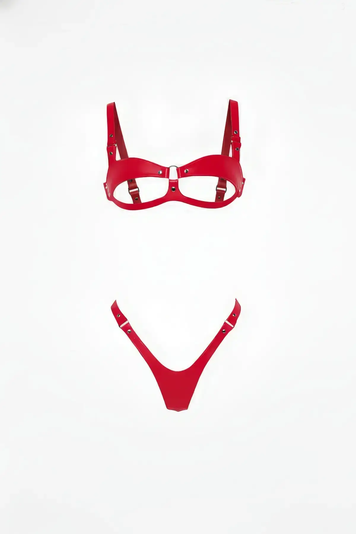 Red Harness Set Shiny Leather Open Cup Bra and Thong Set - SH1382