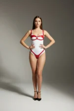 Red Harness Set Shiny Leather Bodysuit with Ring Details - SH1382 - Image 2