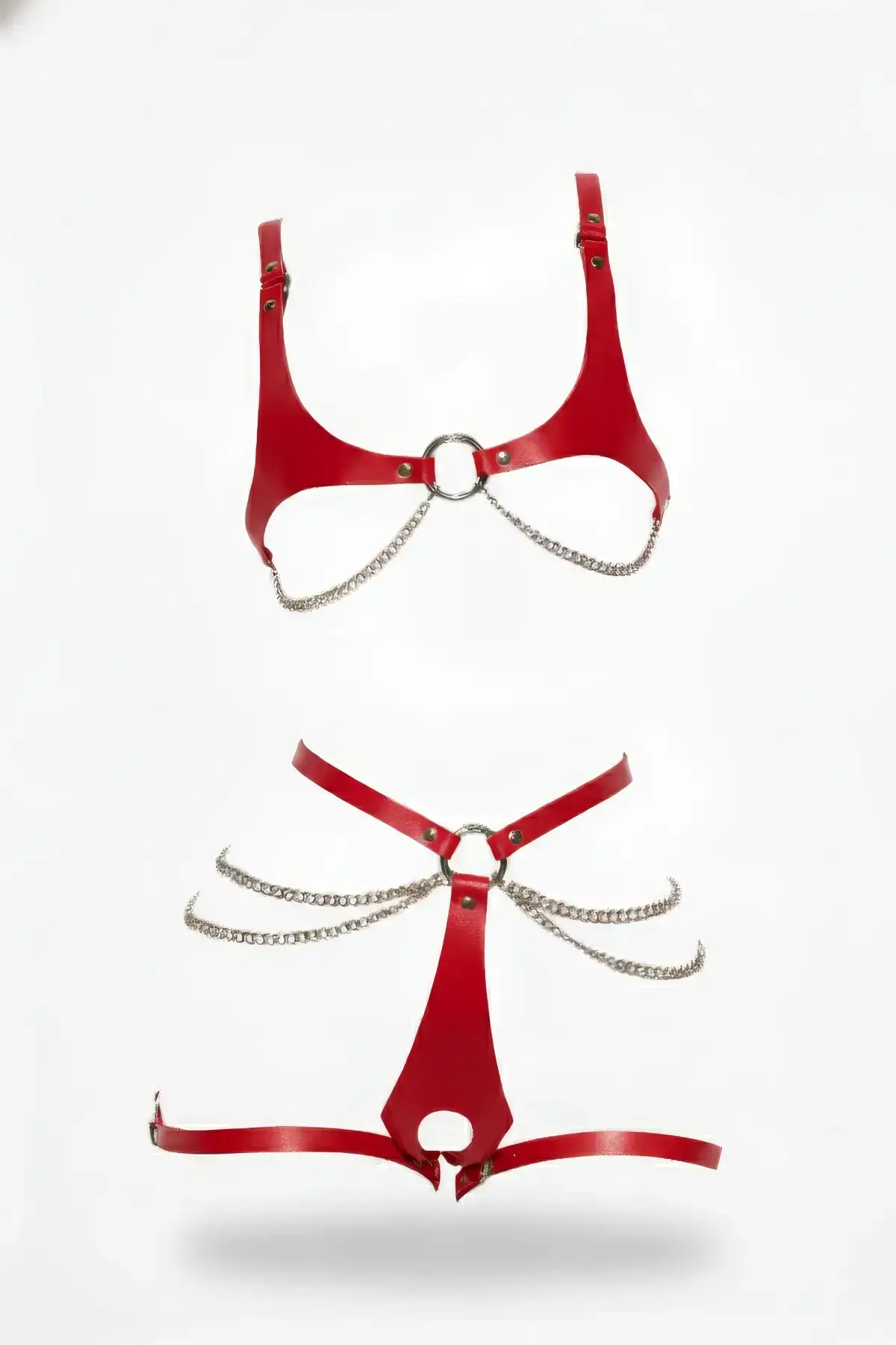 Red Harness Set Leather Body Accessory with Chain Detail - SH1384