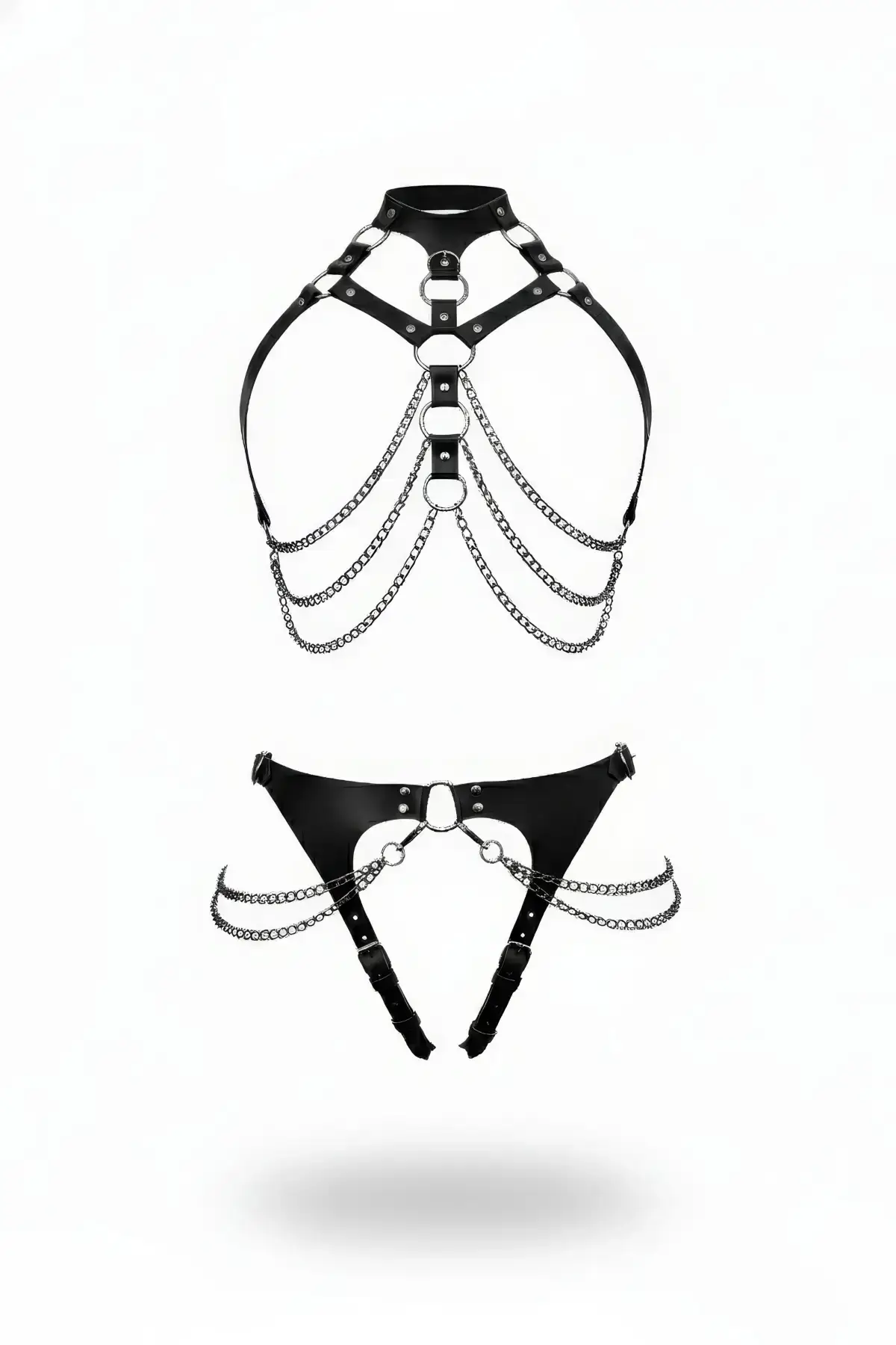 Black Harness Set with Chain Detail and Ring Body Accessory - SH1387