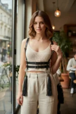 Black Women's Belt with Multiple Buckles, Shoulder Detail, and Tassels - SH1393 - Image 2