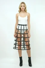 Siyah Kafes Detaylı Midi Boy Deri Etek SH1396 - Image 3